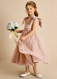 Azazie Serene Abiti da Ragazza di Fiori Abito Principessa in Raso Opaco Fiocco Champagne Rosa image2