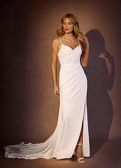 Azazie Rosalina Wedding Dresses Diamond White Mermaid V-Neck lace Crepe Back Satin Dress image1