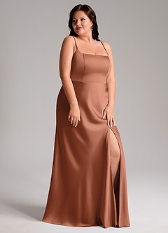 Azazie Lidia Vestidos de damas de honor Vestido de Bronceador de Satén Elástico de Corte Sirena con Corte Lateral image5