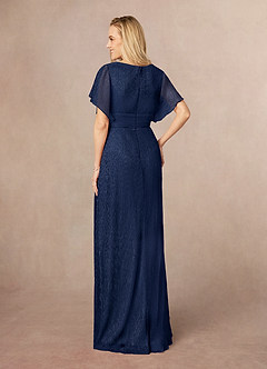 Azazie Kathryn Mother of the Bride Dresses Dark Navy A-Line V-Neck Flutter Sleeve Metallic Mesh Dress image3