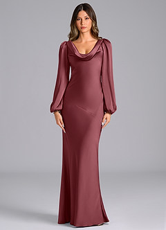 Azazie Melani Final Sale Desert Rose Mermaid Long Sleeve Stretch Satin Dress image1