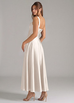 Azazie Shaude Bridesmaid Dresses White Alabaster A-Line Pleated Stretch Satin Dress image7