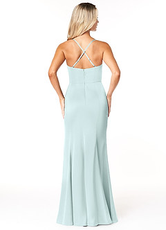 Azazie Marzia Bridesmaid Dresses Sea Glass Sheath Cowl Pleated Stretch Satin Dress image3