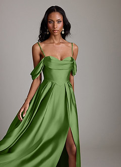Azazie Loisa Abiti da Damigella Abito A-Line in Raso Elasticizzato a Spalla Scoperta Basilico image3
