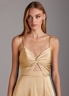 Azazie Jenna Bridesmaid Dresses Champagne A-Line Pleated Stretch Satin Dress image6