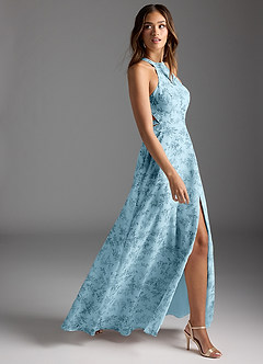 Azazie Clarice Vestidos de madrinha de casamento Vestir Floral Samambaia Azul de Chiffon de Linha A com Pescoço alto image2