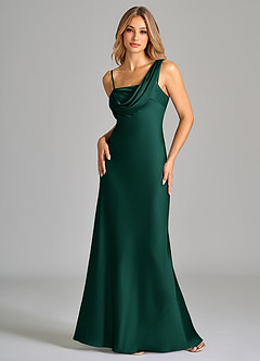 Azazie Celina Bridesmaid Dresses Emerald Sheath Off the Shoulder Stretch Satin Dress image3