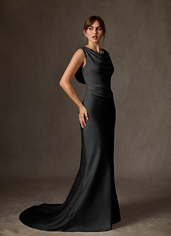 Azazie Kieryn Wedding Dresses Black Fit and Flare Stretch Satin Dress image3