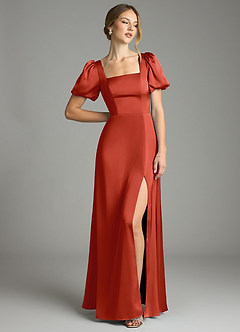 Azazie Fyona Bridesmaid Dresses Rust A-Line Pleated Stretch Satin Dress image9