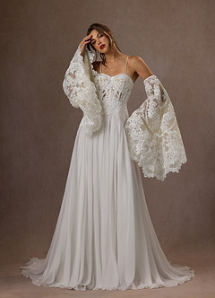 Azazie Rhya Diamond White Champagne A-Line Off the Shoulder Lace