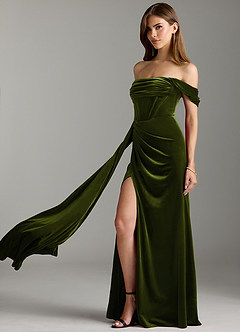 Azazie Amyra Bridesmaid Dresses Olive Sheath Off the Shoulder Velvet Convertible Dress image8