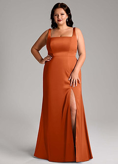 Azazie Frostine Vestidos de damas de honor Vestido de Naranja Quemada de Satén Elástico de Corte en A con Lazo image12