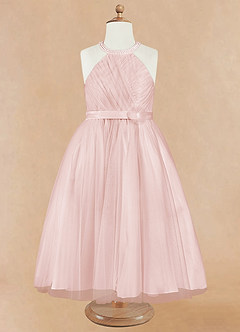 Azazie Honey Robe Demoiselle D'honneur Fillette Robe Trapèze en Mat Satiné Perlé Rose Pâle image7