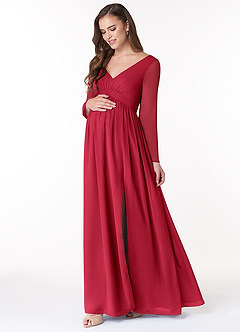 Azazie Teton Zwangerschaps Bruidsmeisjekleding A-Lijn Lange mouw Chiffon Vloerlengte Jurk image3