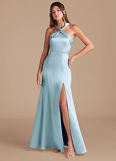 Azazie Rue Bridesmaid Dresses Sky Blue Sheath Pleated Metallic Satin Dress image3