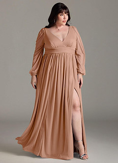 Azazie Norah Brautjungfernkleider A-Linie Lange Ärmel mit V-Ausschnitt Chiffon Kleid Champagner Rosa image9