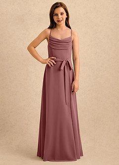 Azazie Jasslyn Girls Formal Robe Demoiselle D'honneur Fillette Robe Trapèze en Mousseline de soie Plissée Rose Du Désert image4