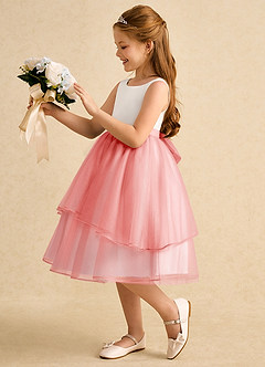 Azazie Rene Flower Girl Dresses Ivory Coral A-Line Bow Tulle Dress image5