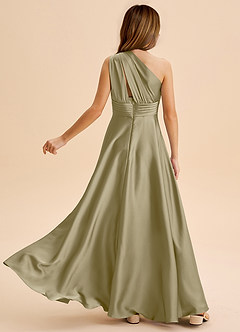 Azazie Charlize Junior Abito A-Line in Raso Elasticizzato Plissettato Verde Muschio image2