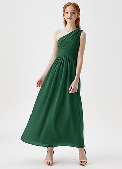 Azazie Anissa Junior Abito A-Line in Chiffon Plissettato Verde Scuro image4