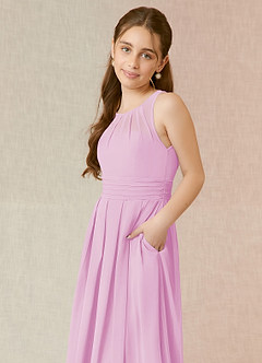 Azazie Bibiane Junior Vestido de Rosa Caramelo de Gasa de Corte En A con Plisado image7