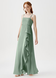 Azazie Kaylee Junior Robe Trapèze en Satin extensible avec ceinture Matcha image4