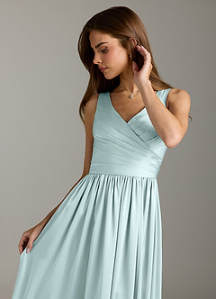 Azazie Keyla Bridesmaid Dresses Sea Glass A-Line Pleated Stretch Satin Dress image8