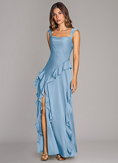 Azazie Sloane Vestidos de damas de honor Vestido de Azul Pálido de Satén Elástico de Corte en A con Escote de Corazón image6