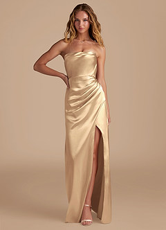 Azazie Leonis Bridesmaid Dresses Gold Mermaid Pleated Metallic Satin Convertible Dress image1