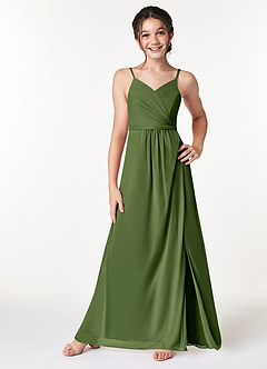 Azazie Luxy Junior Olive Pleated Mesh Dress image3