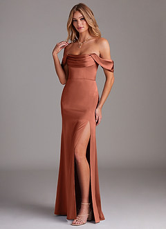Azazie Saige Bridesmaid Dresses Clay Sheath Off the Shoulder Stretch Satin Dress image5