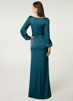 Azazie Mel Bridesmaid Dresses Ink Blue Sheath Long Sleeve Stretch Satin Dress image2