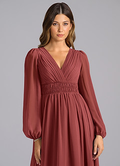 Azazie Palerma Robes de demoiselle d'honneur Robe Trapèze en Mousseline de soie Manches longues Terracotta image6