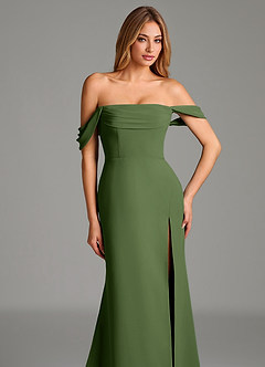 Azazie Riley Robes de demoiselle d'honneur Robe Fourreau Convertible en Mousseline de soie Épaule décolletée Olive image2