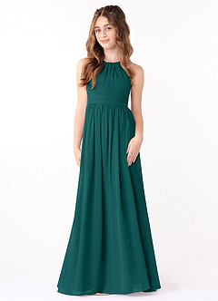 Azazie Jaylah Junior A-Linie Gestreift Chiffon Kleid Pfau image2