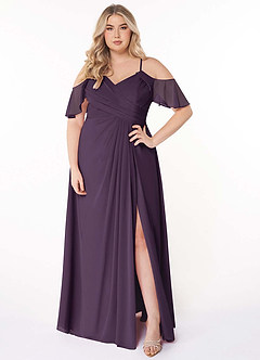 Azazie Dakota Bridesmaid Dresses Plum A-Line V-Neck Pleated Chiffon Dress image1