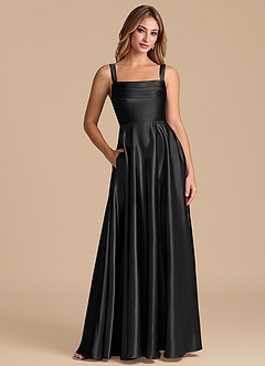 Azazie Shaude 신부 들러리 드레스 A라인 주름진 메탈릭 새틴 바닥 길이 드레스 image1