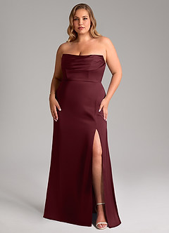 Azazie Saige Robes de demoiselle d'honneur Robe Fourreau en Satin extensible Épaule décolletée Cabernet image16