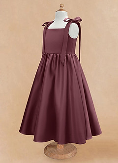 Azazie Chelsie Flower Girl Dresses Sangria A-Line Bow Matte Satin Dress image7
