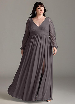 Azazie Norah Bridesmaid Dresses Steel Grey A-Line V-Neck Long Sleeve Chiffon Dress image6