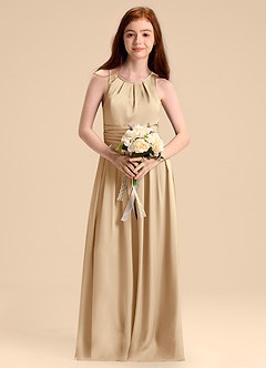 Azazie Bibiane Junior Jurk van Stretch Satijn met A-Lijn Geplooid Champagne image4