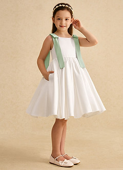 Azazie Stacie Jurken voor bloemenmeisjes A-Lijn Jurk van Mat Satijn Boog Ivoor Stoffige Salie image2