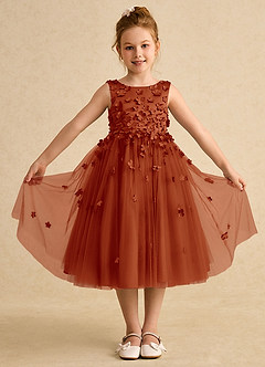 Azazie Lana Blumenmädchenkleider A-Linie ärmellos Matte Satin Kleid Paprika image1