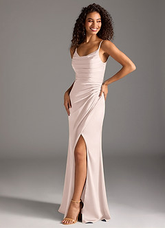 Azazie Deandra Robes de demoiselle d'honneur Robe Sirène en Satin extensible Plissée Rose Pâle image1