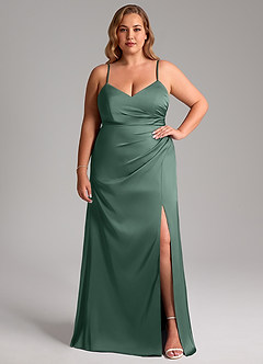 Azazie Azuree At-home Try On Dresses Dusty Sage A-Line Pleated Stretch Satin Dress image11