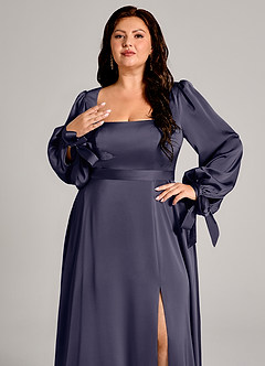 Azazie Leonia Abiti da Damigella Abito A-Line in Raso Elasticizzato Manica Lunga Stormy image9