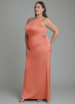 Azazie Akilah Bridesmaid Dresses Salmon Pink Mermaid One Shoulder Stretch Satin Dress image11