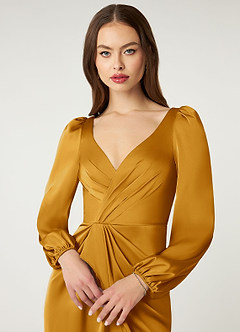 Azazie Mel Bridesmaid Dresses Butterscotch Sheath Long Sleeve Stretch Satin Dress image5