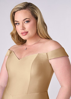 Barbie ♥ Azazie Bridesmaid Dresses Champagne A-Line Off the Shoulder Stretch Satin Convertible Dress image11