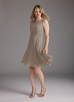 Azazie Shirley Mother of the Bride Dresses Taupe A-Line Scoop Pleated Chiffon Dress image4